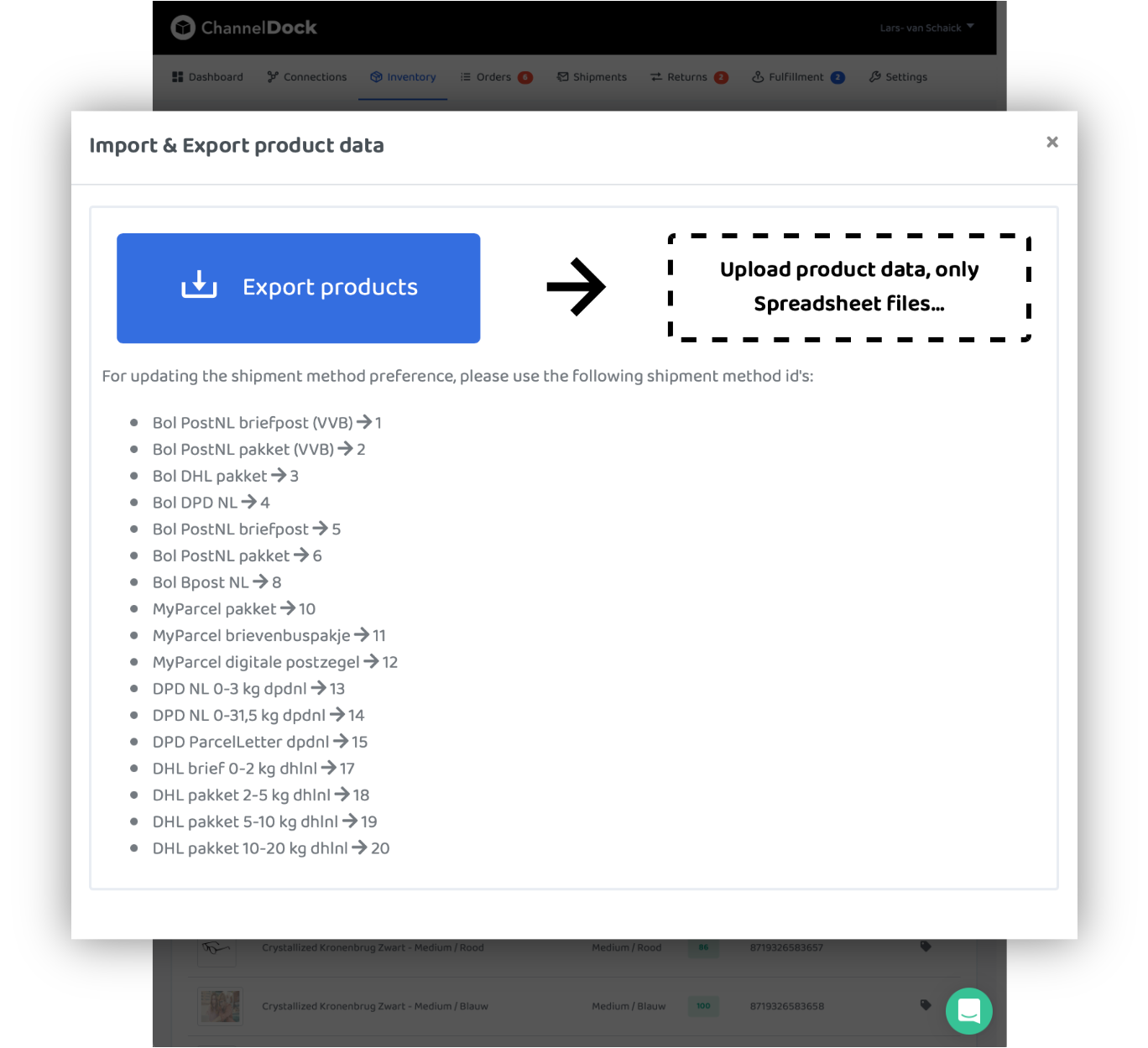 stock level webshop excel export import